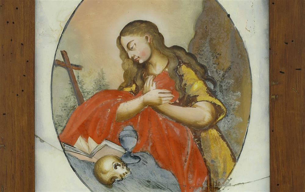 Sv. Magdalena, učednice Krista a kajícnice, zobrazena jako modlící se poustevnice, uctívá symboly Ježíšova umučení. Okruh Vincenze Jankeho, 1. polovina 19. století. Zdroj: Národní muzeum